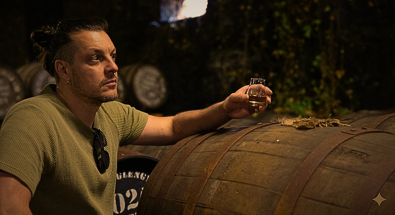 Whisky glass on an aged wooden table in warm candlelight